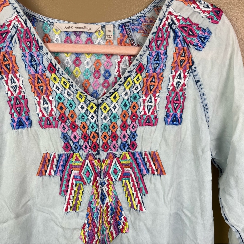 Soft Surroundings Chambray Embroidered Boho Top